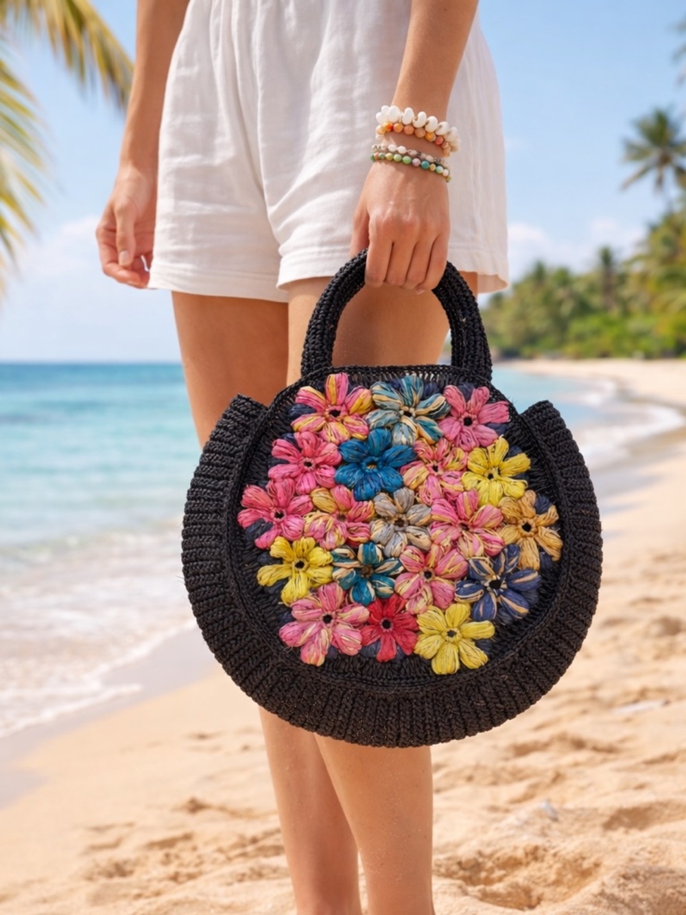 Handmade Raffia Floral Crochet Round Handbag